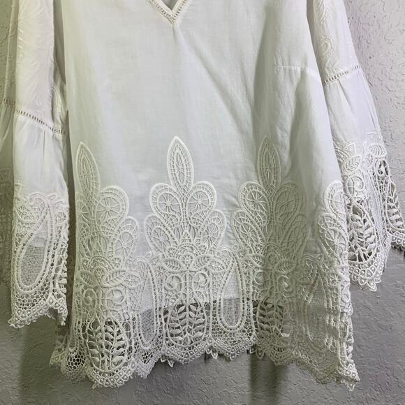 CHICO'S Blouse Embroidered Lace Cutout V-Neck Quarter Sleeve Boho Cottagecore - Picture 8 of 14
